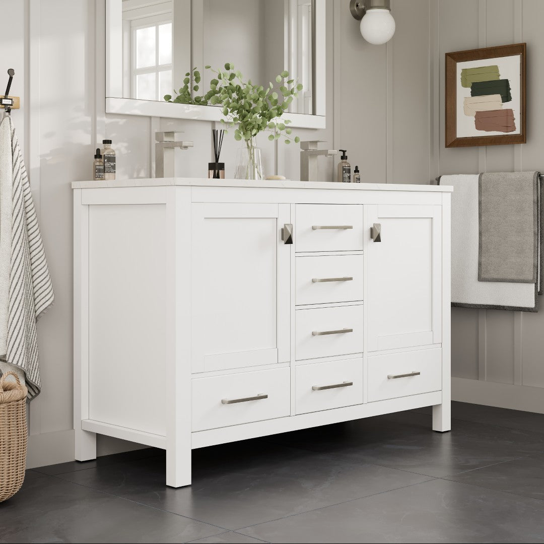 London 54 in. White Double Sink  Bath Vanity with Carrara Quartz Top and Undermount Porcelain Sinks