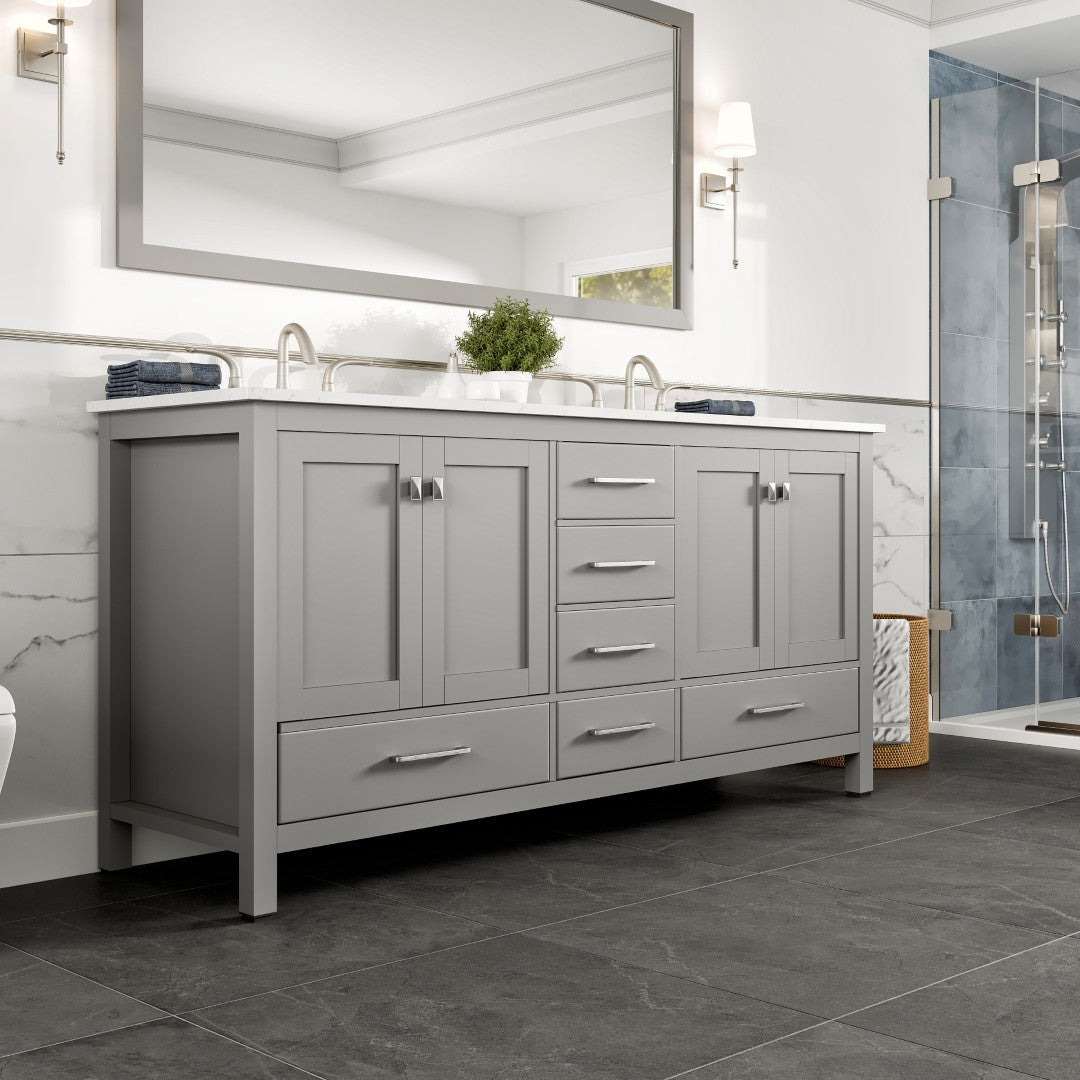 Aberdeen 72 in. Gray Double Sink  Bath Vanity with Carrara Quartz Top and Undermount Porcelain Sinks