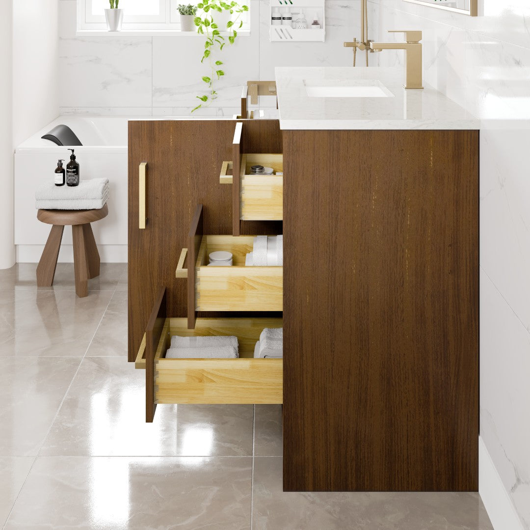 Curio 42 in. Walnut Single Sink Bath Vanity with Carrara Quartz Top and Undermount Porcelain Sink