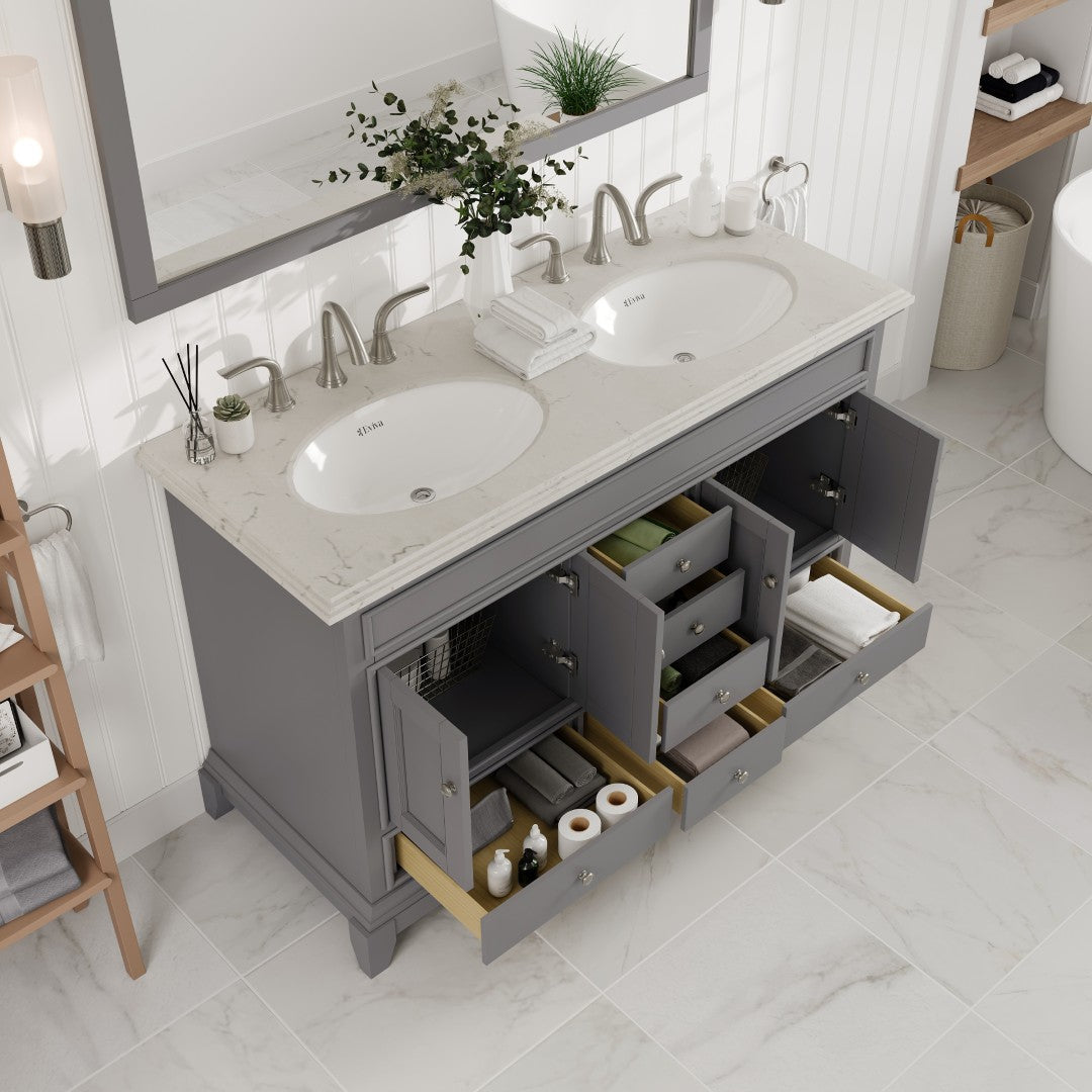 Elite Stamford 48 in. Gray Double Sink  Bath Vanity with Carrara Quartz Top and Undermount Porcelain Sinks