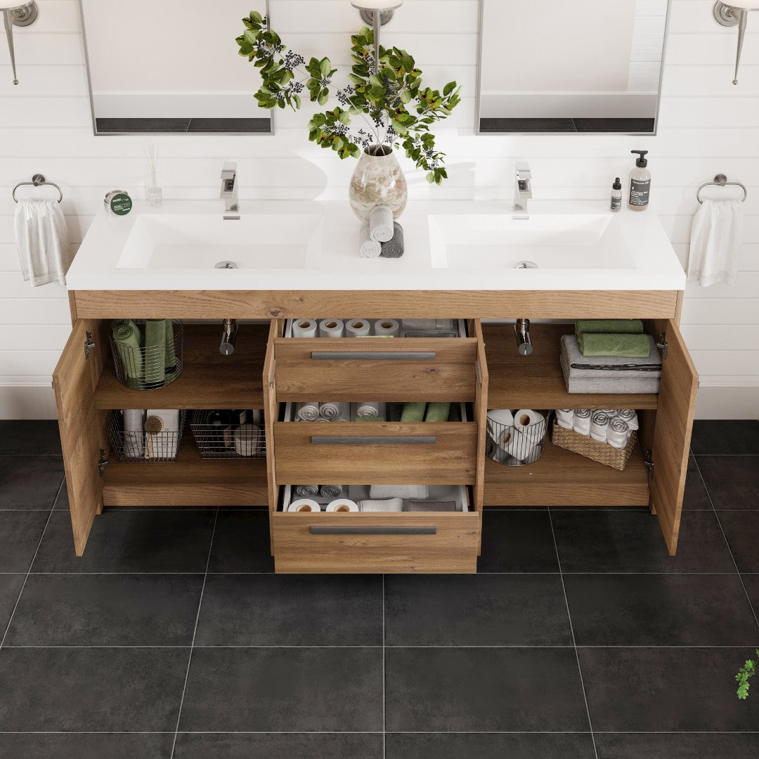 Lugano 72 in. Natural Oak Double Sink  Bath Vanity with Acrylic Top and Integrated Sinks