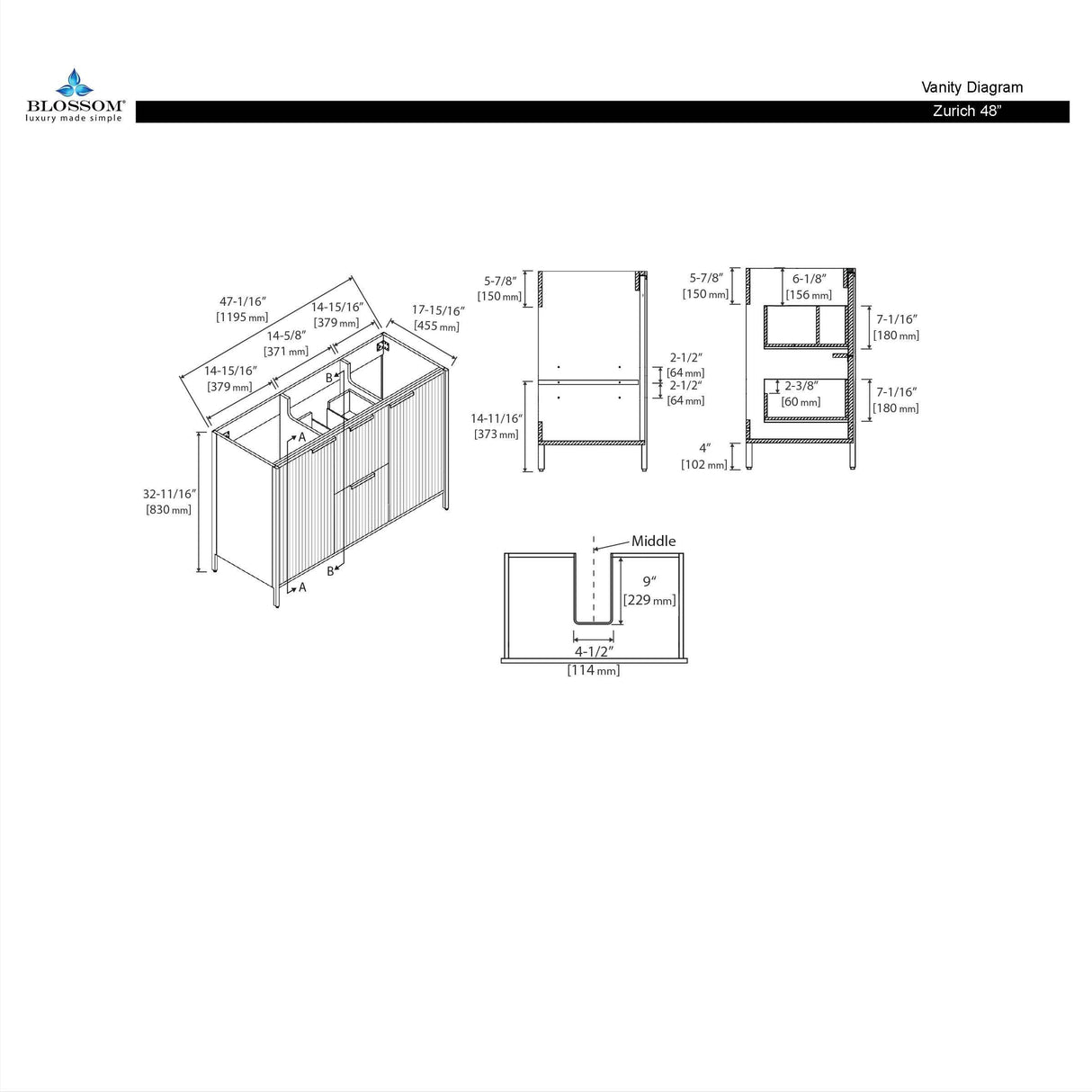 Blossom Zurich 48" Vanity – Double Sink Compatible in Glossy White & Metal Grey