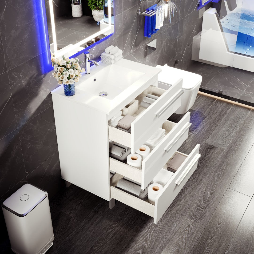 Deluxe 32 in. White Single Sink Bath Vanity with Porcelain Top and Integrated Sink