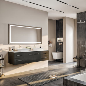 Wave 60 in. Espresso Wall Mount Double Sink  Bath Vanity with White Quartz Top and Vessel Porcelain Sinks