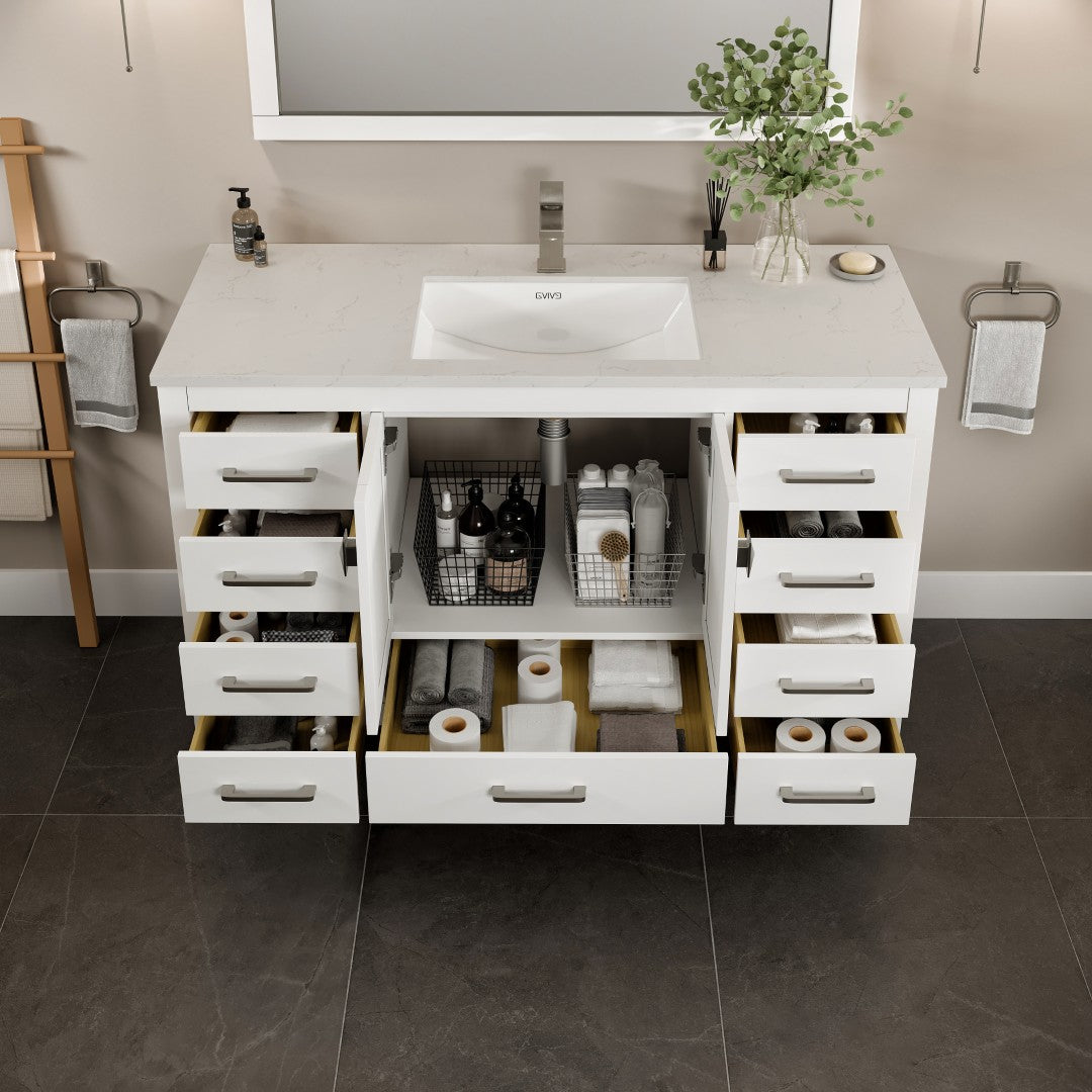 London 54 in. White Single Sink Bath Vanity with Carrara Quartz Top and Undermount Porcelain Sink