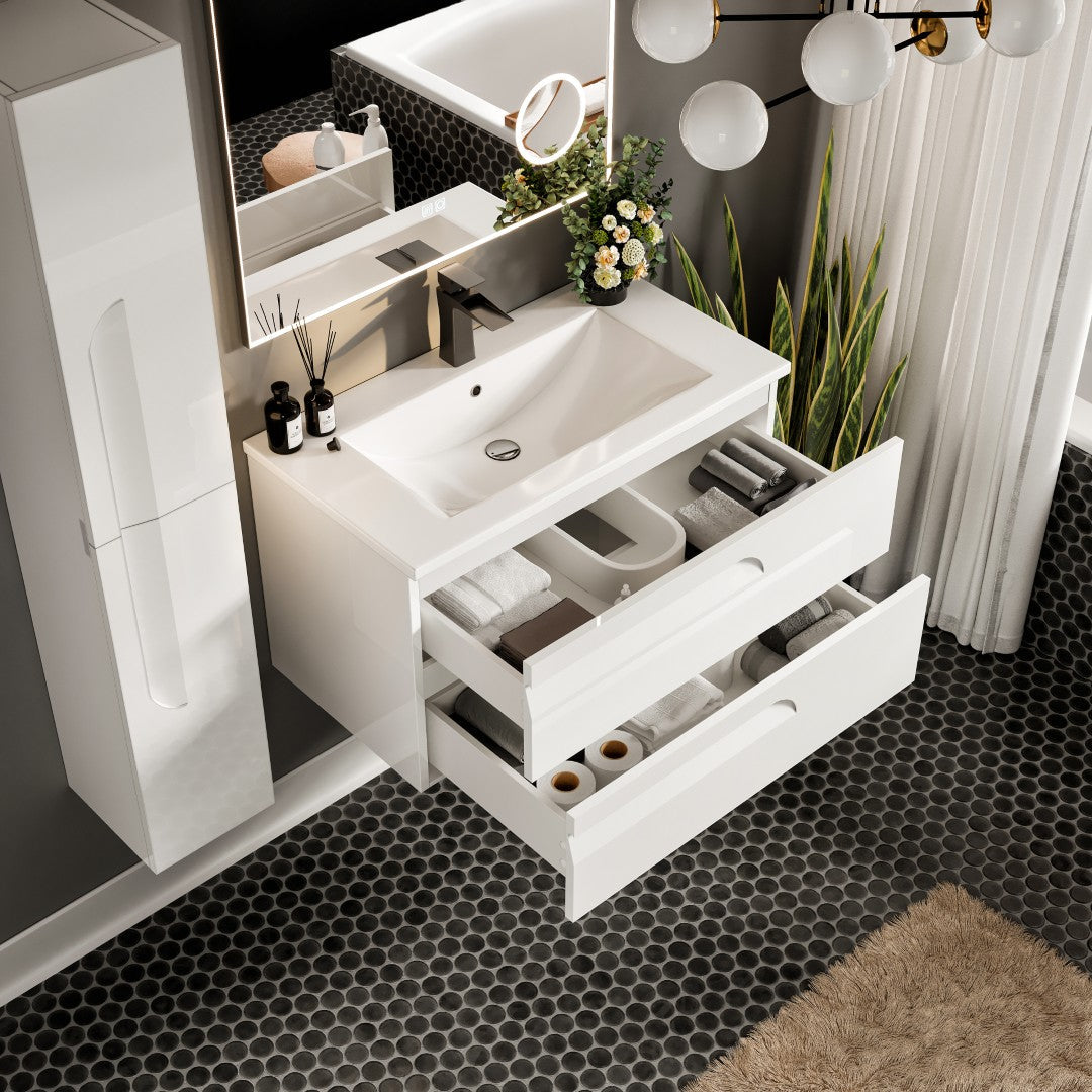 Joy 40 in. White Wall Mount Single Sink Bath Vanity with Porcelain Top and Integrated Sink