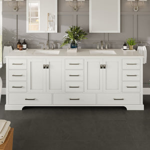 Storehouse 84 in. White Double Sink  Bath Vanity with Carrara Quartz Top and Undermount Porcelain Sinks