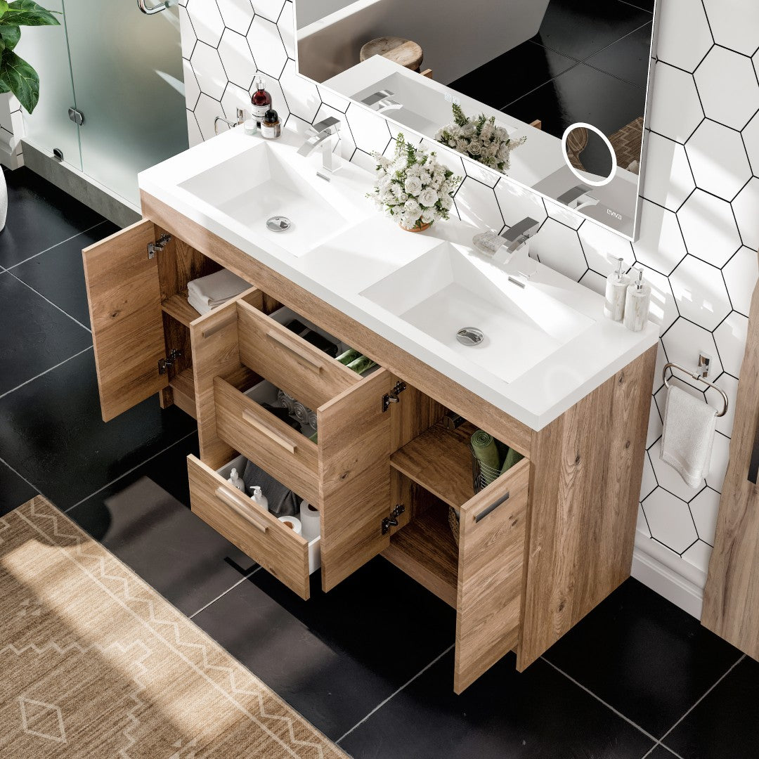Lugano 60 in. Natural Oak Double Sink  Bath Vanity with Acrylic Top and Integrated Sinks