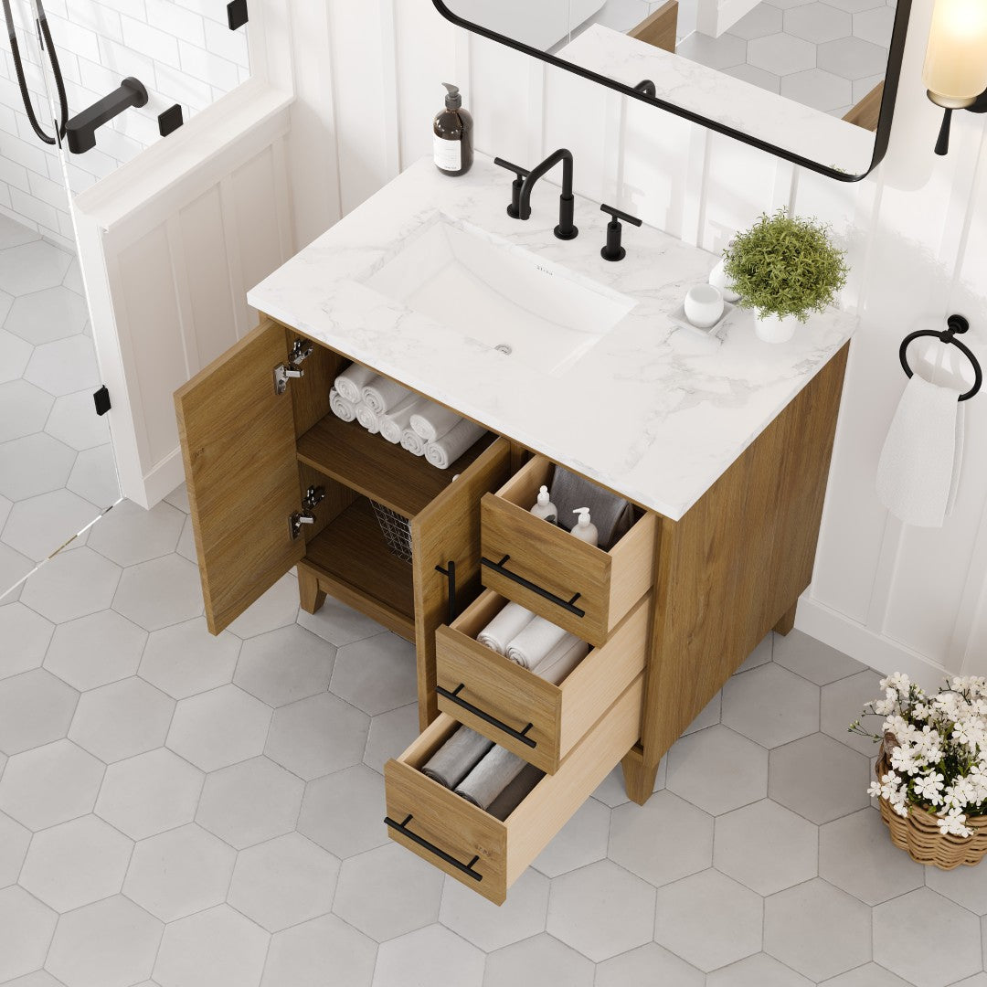 Graham 36 in. Oak Single Sink Bath Vanity with Arabescato Engineered Stone Top and Undermount Porcelain Sink