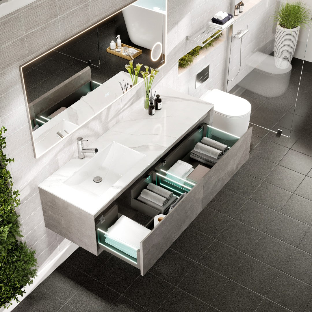Aurora 60 in. Concrete Gray Wall Mount Single Sink Bath Vanity with Carrara Quartz Top and Undermount Porcelain Sink