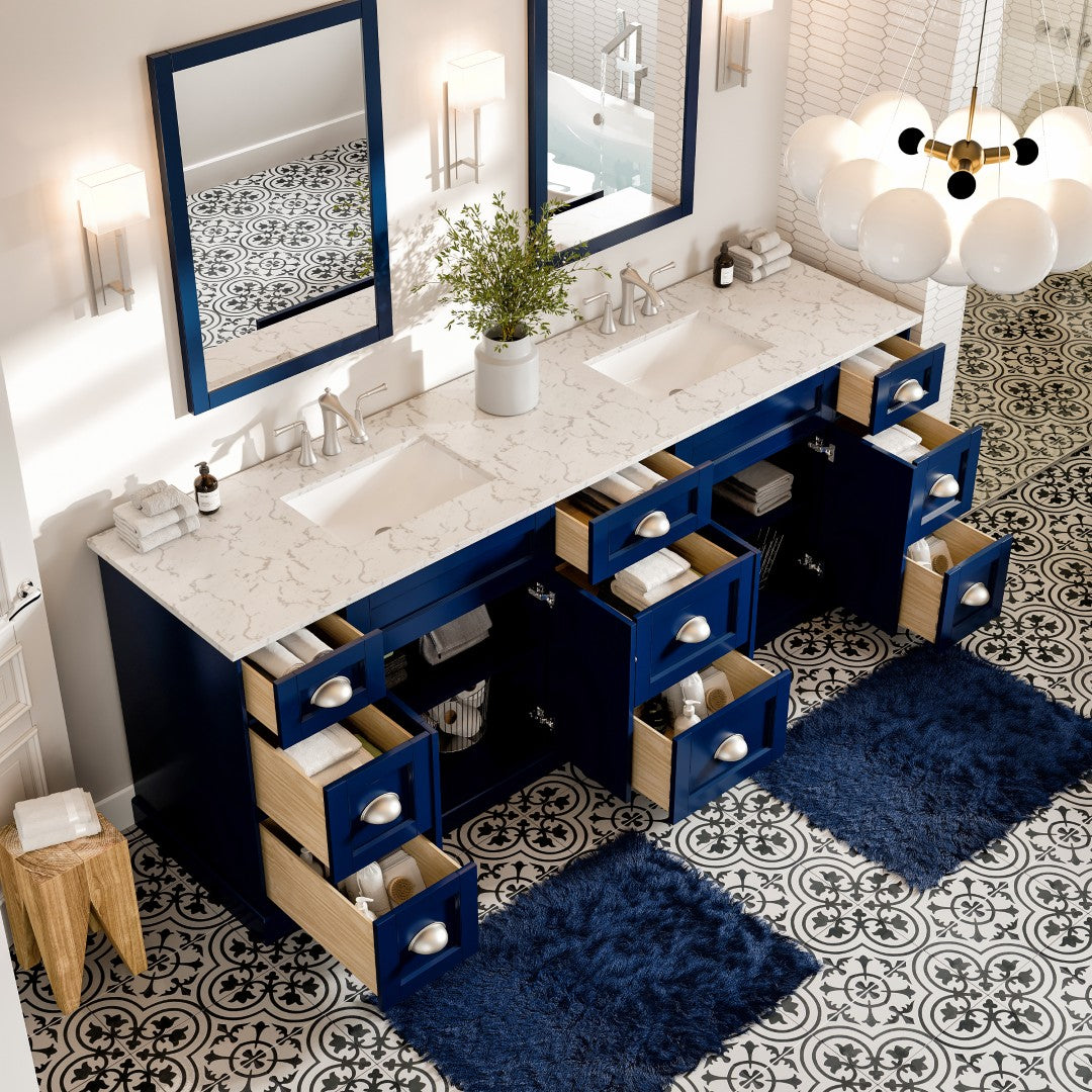 Epic 84 in. Blue Double Sink  Bath Vanity with Carrara Quartz Top and Undermount Porcelain Sinks