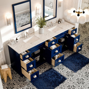 Epic 84 in. Blue Double Sink  Bath Vanity with Carrara Quartz Top and Undermount Porcelain Sinks
