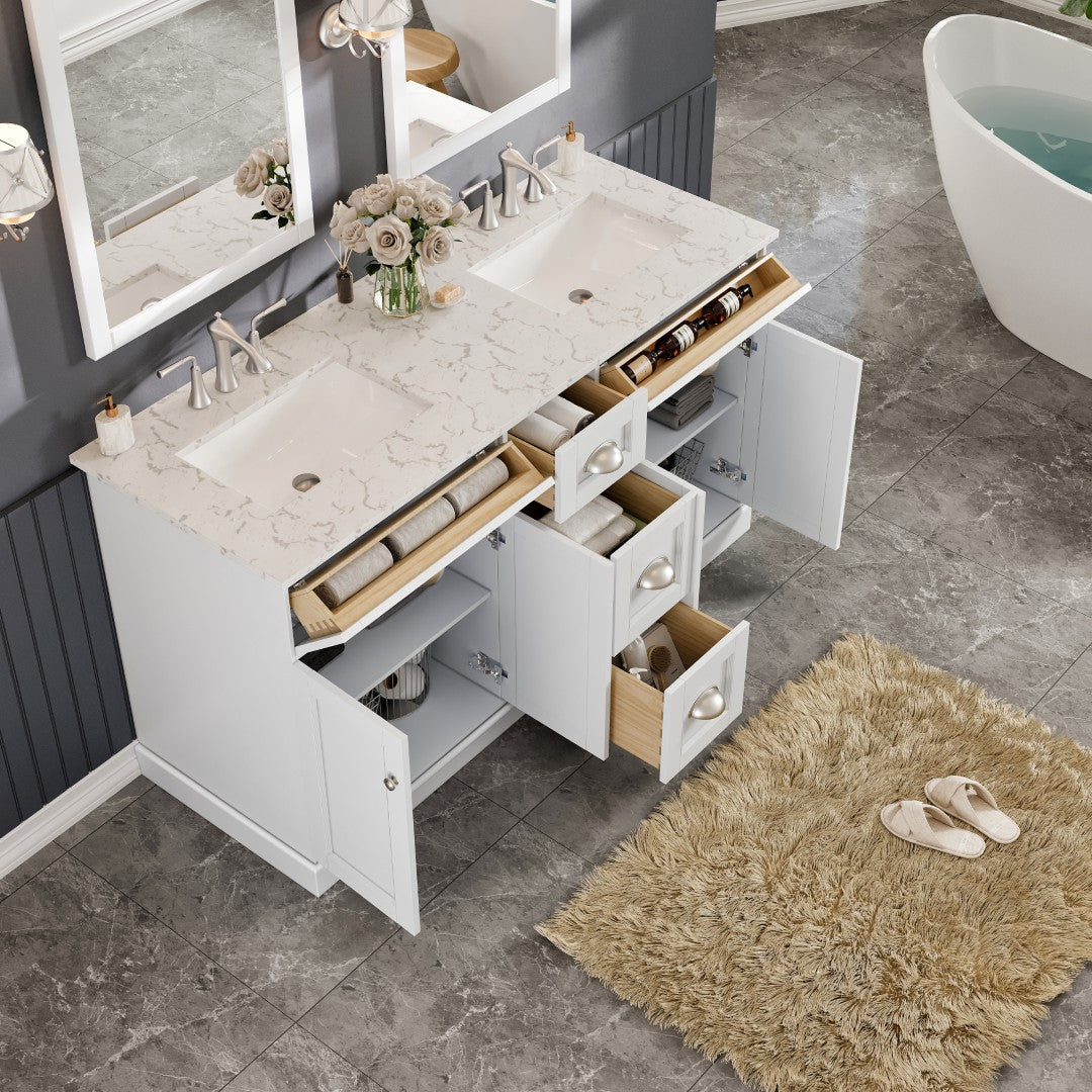 Epic 60 in. White Double Sink  Bath Vanity with Carrara Quartz Top and Undermount Porcelain Sinks