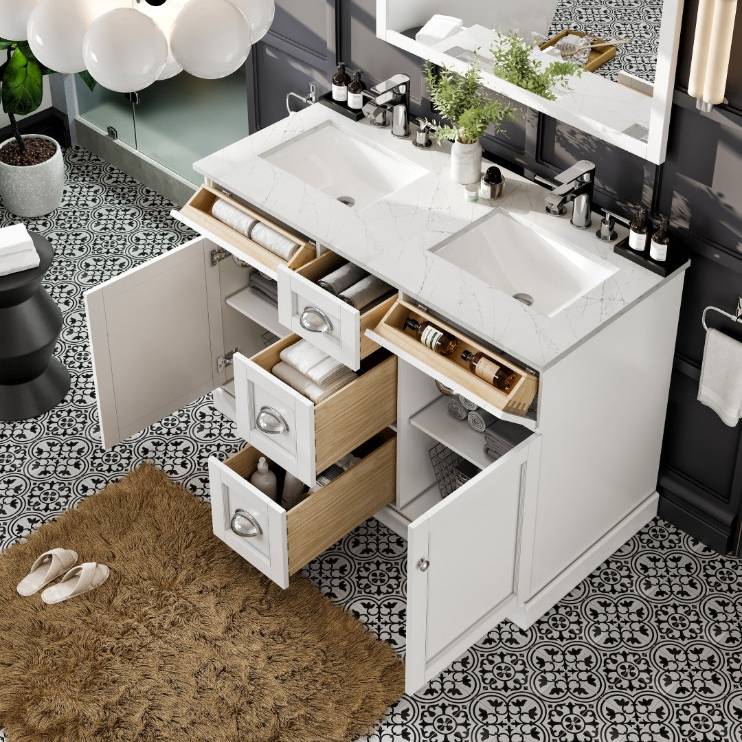 Epic 48 in. White Double Sink  Bath Vanity with Carrara Quartz Top and Undermount Porcelain Sinks