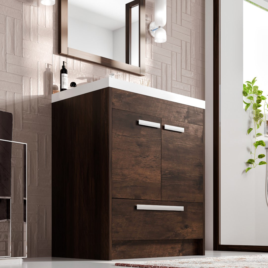 Lugano 30 in. Rosewood Single Sink Bath Vanity with Acrylic Top and Integrated Sink