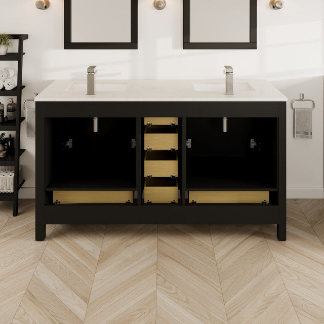 London 60 in. Espresso Double Sink  Bath Vanity with Carrara Quartz Top and Undermount Porcelain Sinks