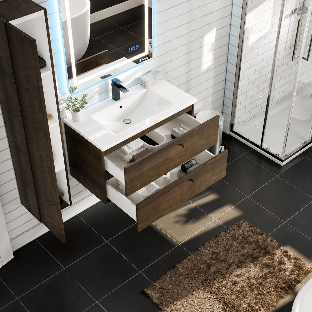 Joy 36 in. Rosewood Wall Mount Single Sink Bath Vanity with Porcelain Top and Integrated Sink