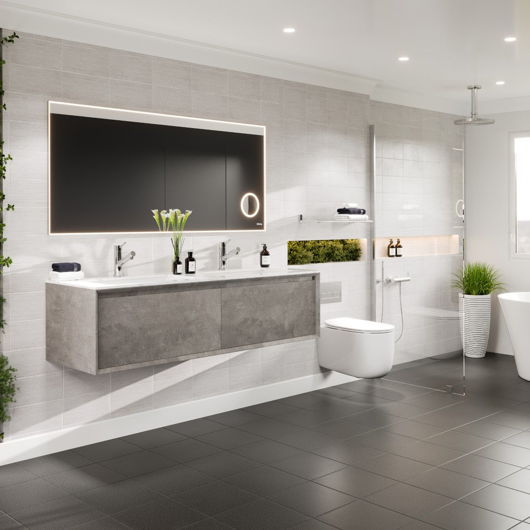 Aurora 60 in. Concrete Gray Wall Mount Double Sink  Bath Vanity with Carrara Quartz Top and Undermount Porcelain Sinks