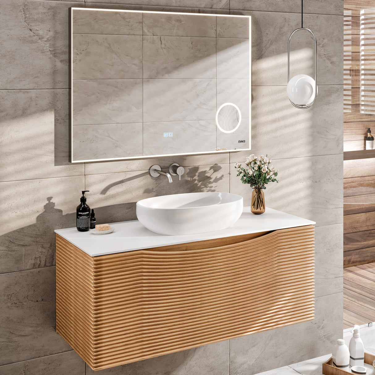 Leah 32 in. Medium Oak Wall Mount Single Sink Bath Vanity with Solid Surface Top and Vessel Solid Surface Sink