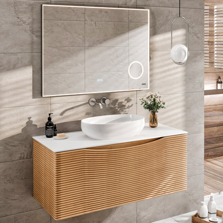 Leah 32 in. Medium Oak Wall Mount Single Sink Bath Vanity with Solid Surface Top and Vessel Solid Surface Sink