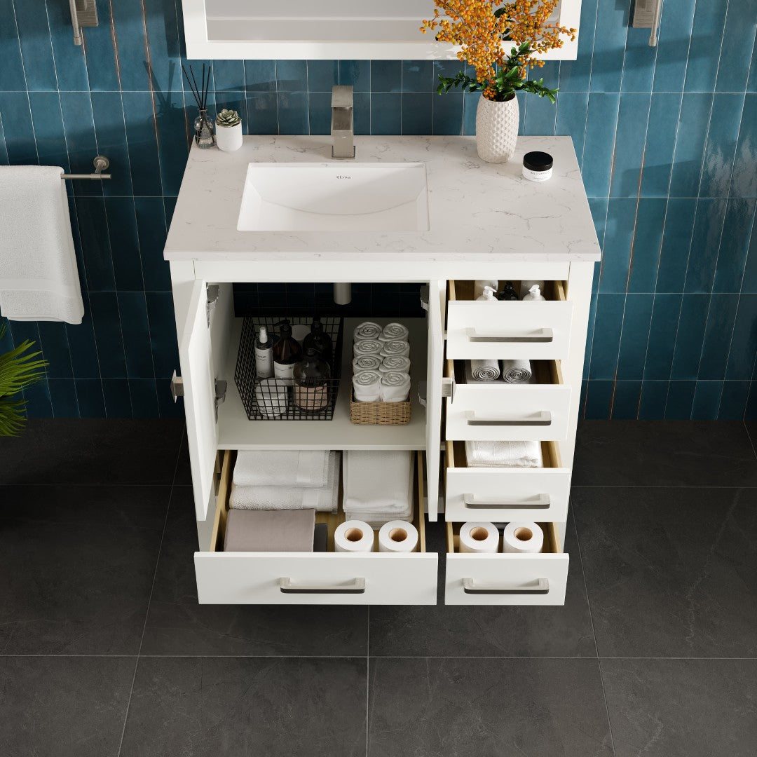 London 36 in. White Single Sink Bath Vanity with Carrara Quartz Top and Undermount Porcelain Sink