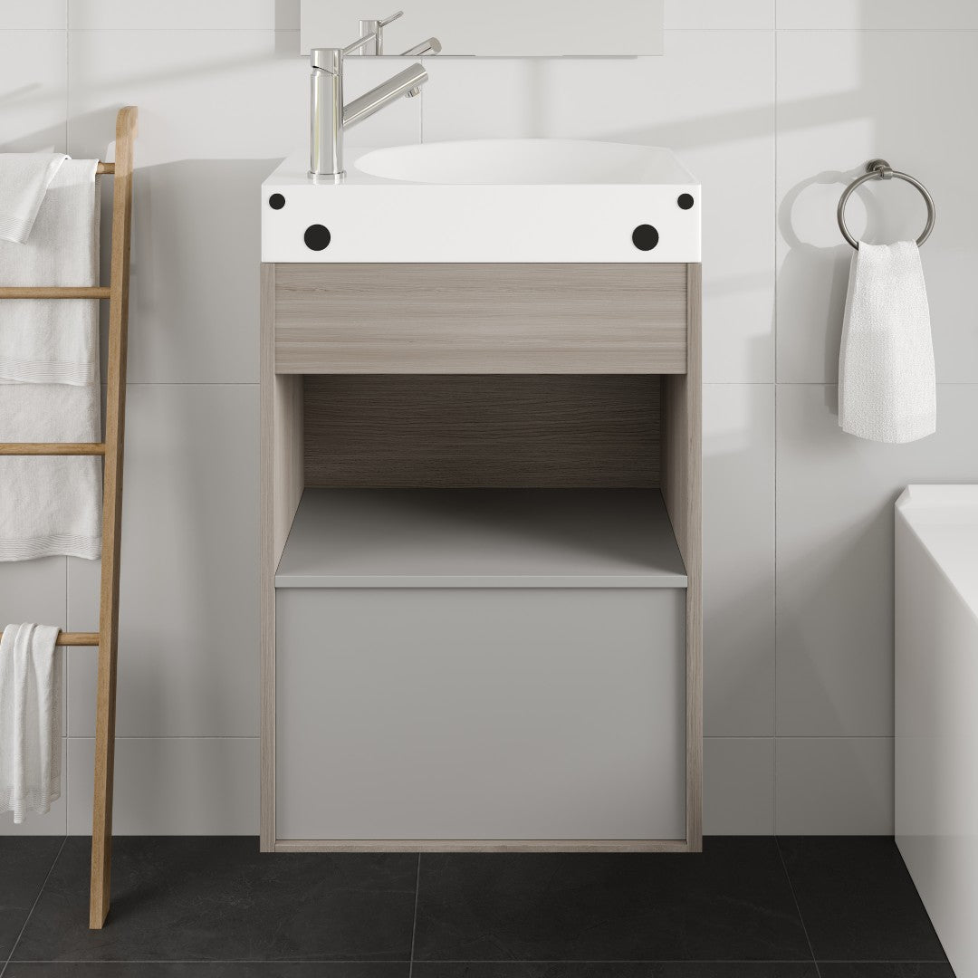 Tiny 18 in. Gray Wall Mount Single Sink Bath Vanity with Porcelain Top and Integrated Sink