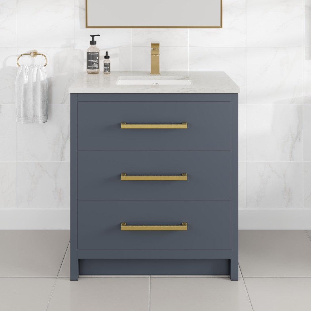 Curio 30 in. Dark Blue Single Sink Bath Vanity with Carrara Quartz Top and Undermount Porcelain Sink