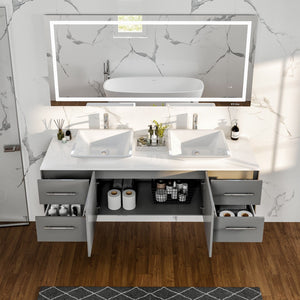 Wave 60 in. Gray Wall Mount Double Sink  Bath Vanity with White Quartz Top and Vessel Porcelain Sinks