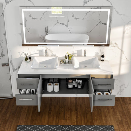 Wave 60 in. Gray Wall Mount Double Sink  Bath Vanity with White Quartz Top and Vessel Porcelain Sinks