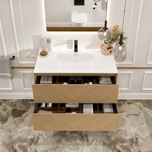 Lotus 30 in. Natural Oak Wall Mount Single Sink Bath Vanity with Solid Surface Top and Integrated Sink