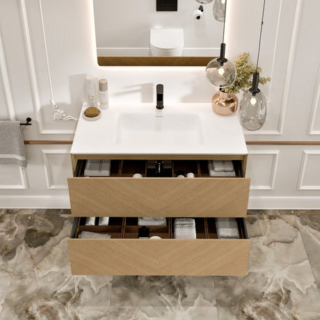 Lotus 30 in. Natural Oak Wall Mount Single Sink Bath Vanity with Solid Surface Top and Integrated Sink