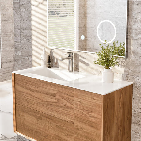 Prancer 44 in. Natural Oak Wall Mount Single Sink Bath Vanity with Solid Surface Top and Integrated Sink