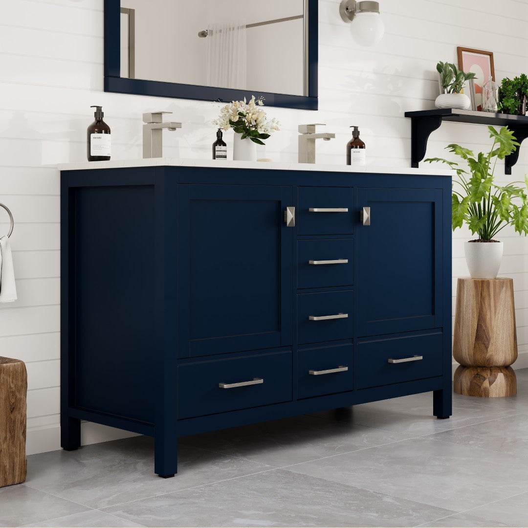 London 48 in. Blue Double Sink  Bath Vanity with Carrara Quartz Top and Undermount Porcelain Sinks