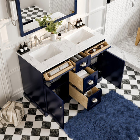 Epic 48 in. Blue Double Sink  Bath Vanity with Carrara Quartz Top and Undermount Porcelain Sinks