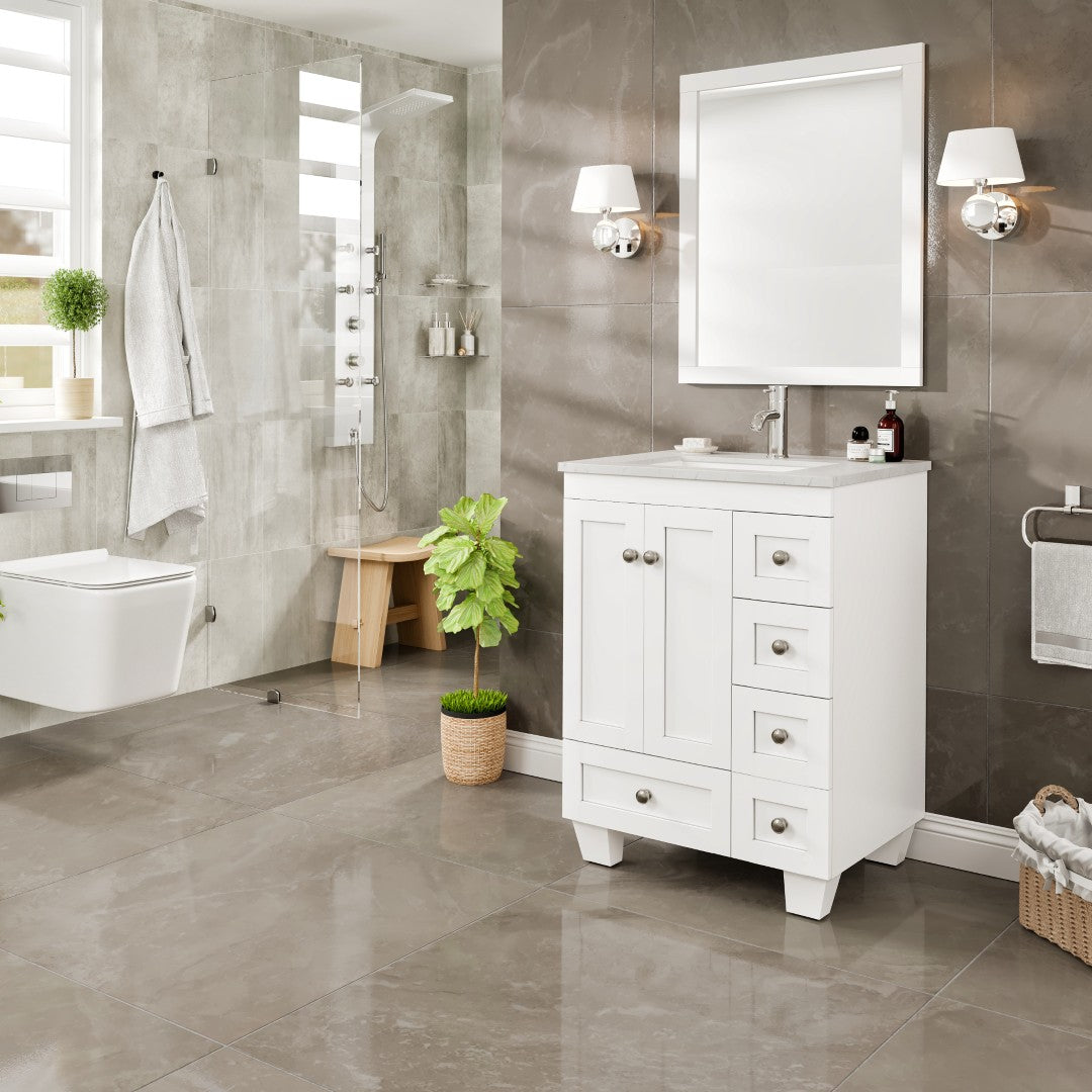 Happy 24 in. White Single Sink Bath Vanity with Carrara Quartz Top and Undermount Porcelain Sink