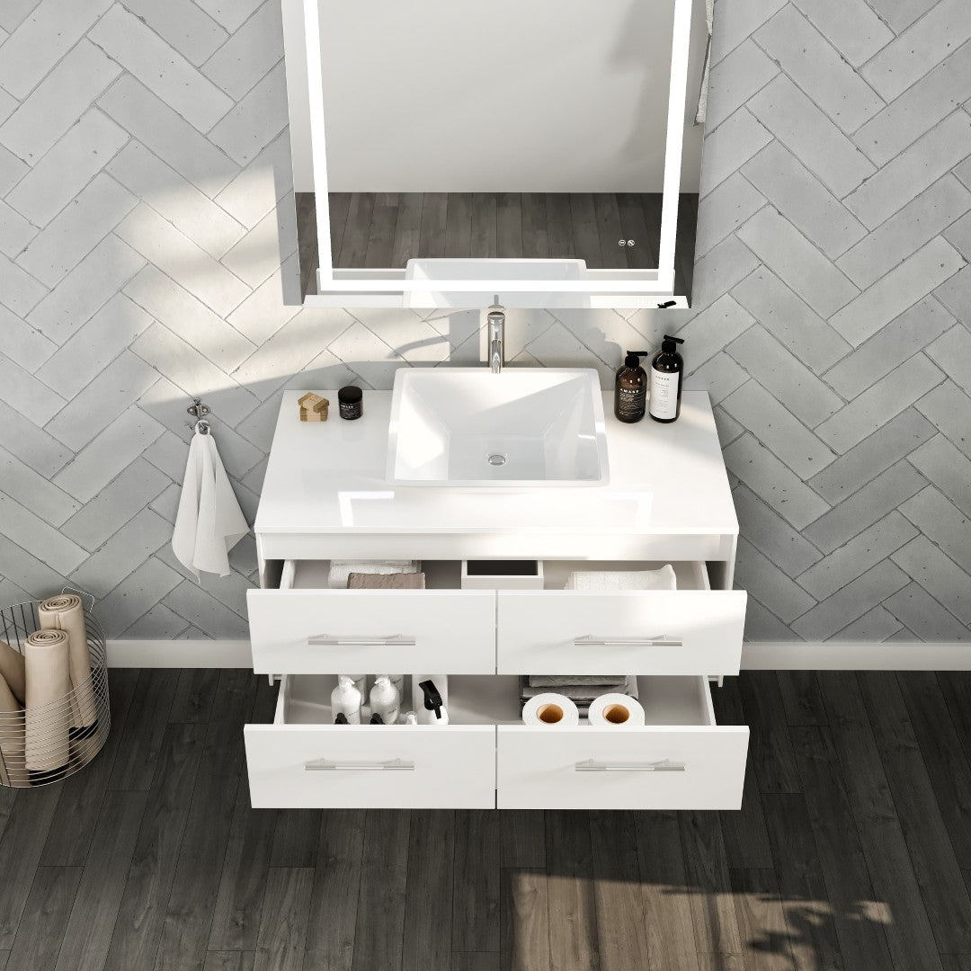 Wave 36 in. White Wall Mount Single Sink Bath Vanity with White Quartz Top and Vessel Porcelain Sink
