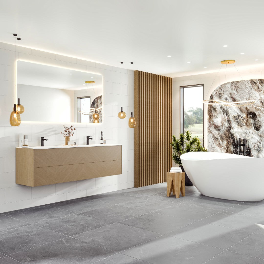 Lotus 59 in. Natural Oak Wall Mount Double Sink  Bath Vanity with Solid Surface Top and Integrated Sinks