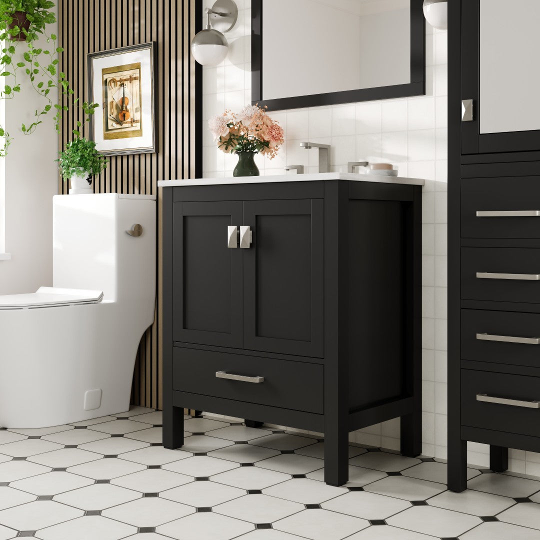 London 30 in. Espresso Single Sink Bath Vanity with Carrara Quartz Top and Undermount Porcelain Sink