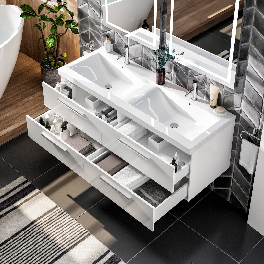Surf 57 in. White Wall Mount Double Sink  Bath Vanity with Acrylic Top and Integrated Sinks