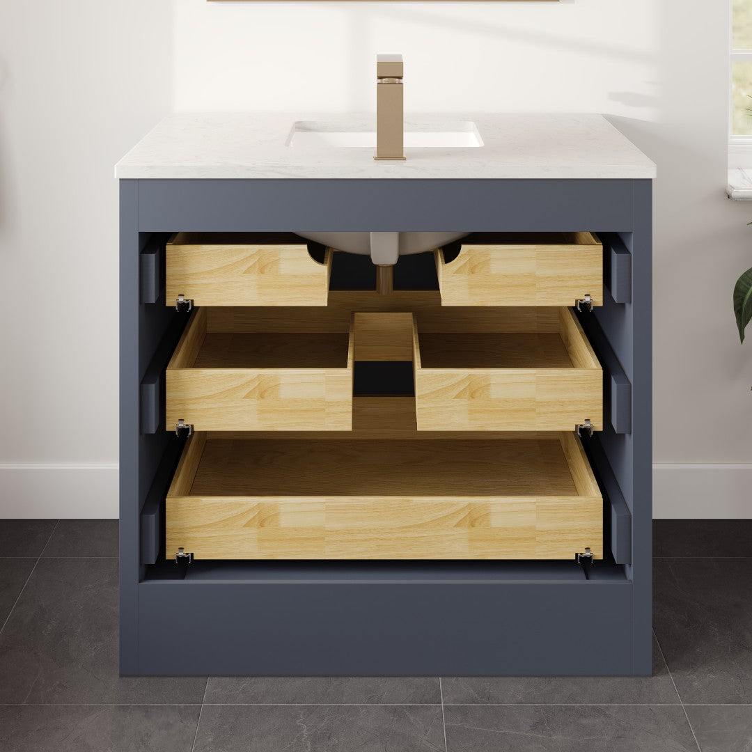 Curio 36 in. Dark Blue Single Sink Bath Vanity with Carrara Quartz Top and Undermount Porcelain Sink