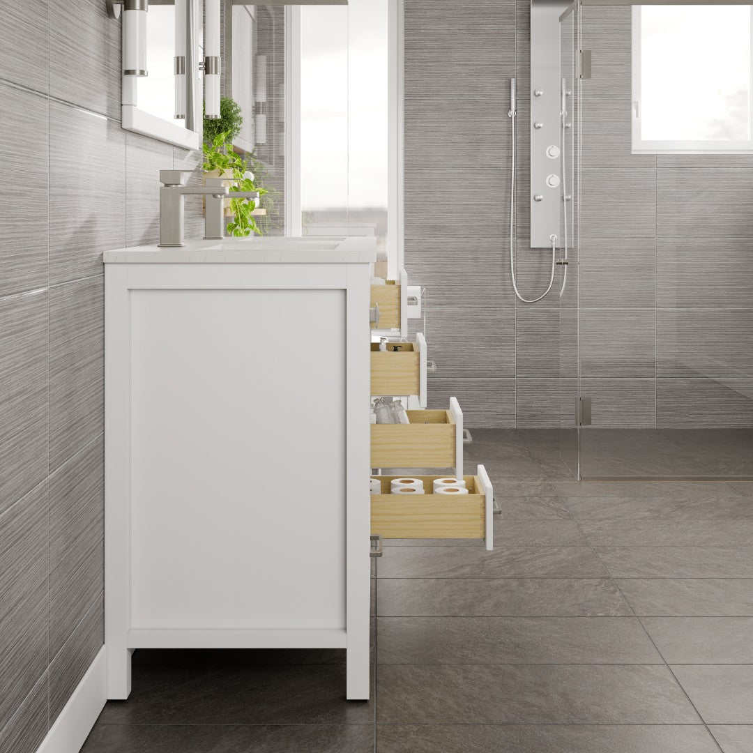 London 48 in. White Double Sink  Bath Vanity with Carrara Quartz Top and Undermount Porcelain Sinks