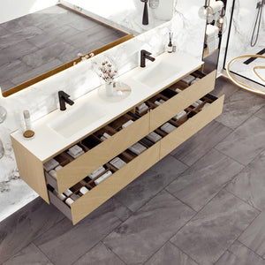 Lotus 71 in. Natural Oak Wall Mount Double Sink  Bath Vanity with Solid Surface Top and Integrated Sinks