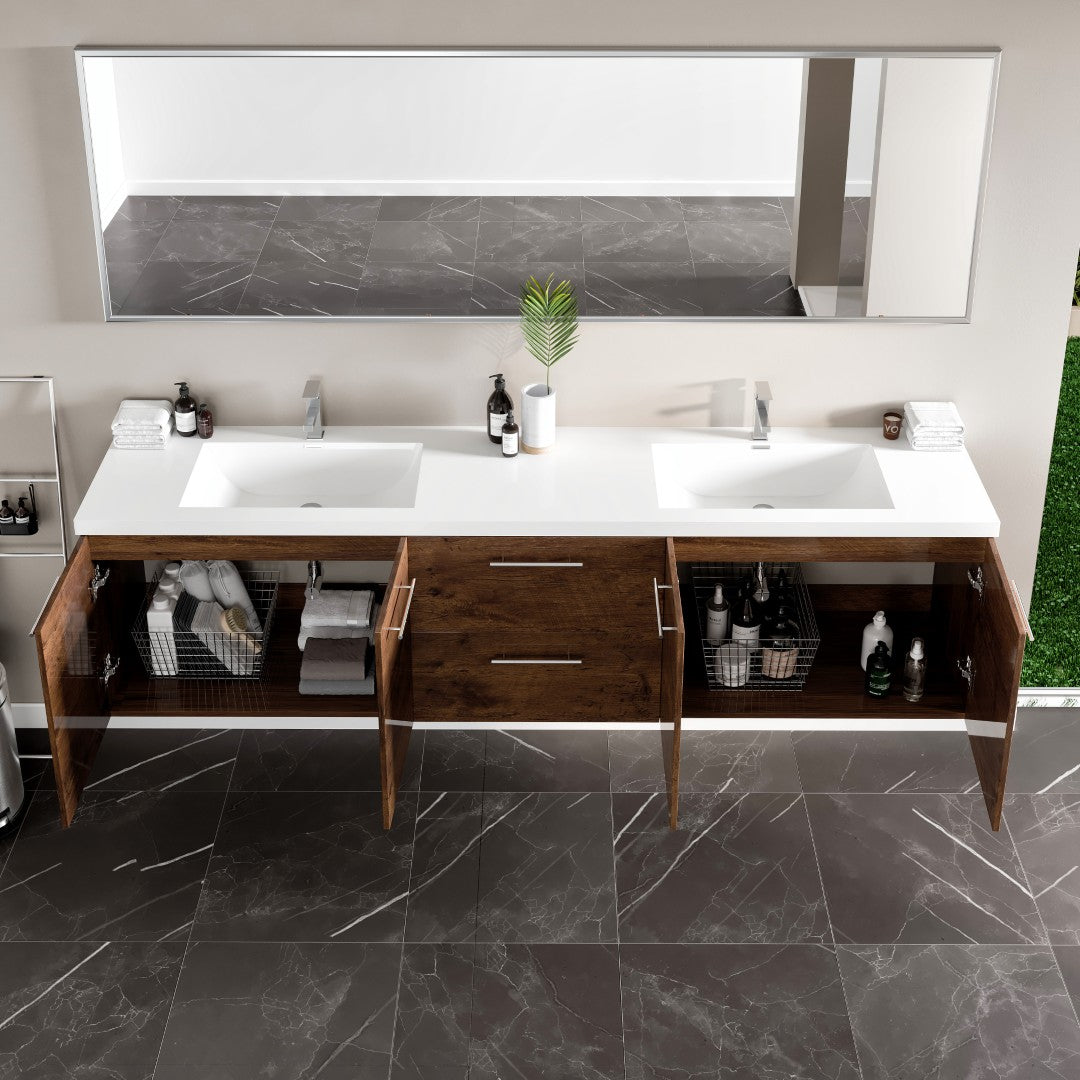 Lumina 84 in. Rosewood Wall Mount Double Sink  Bath Vanity with Acrylic Top and Integrated Sinks