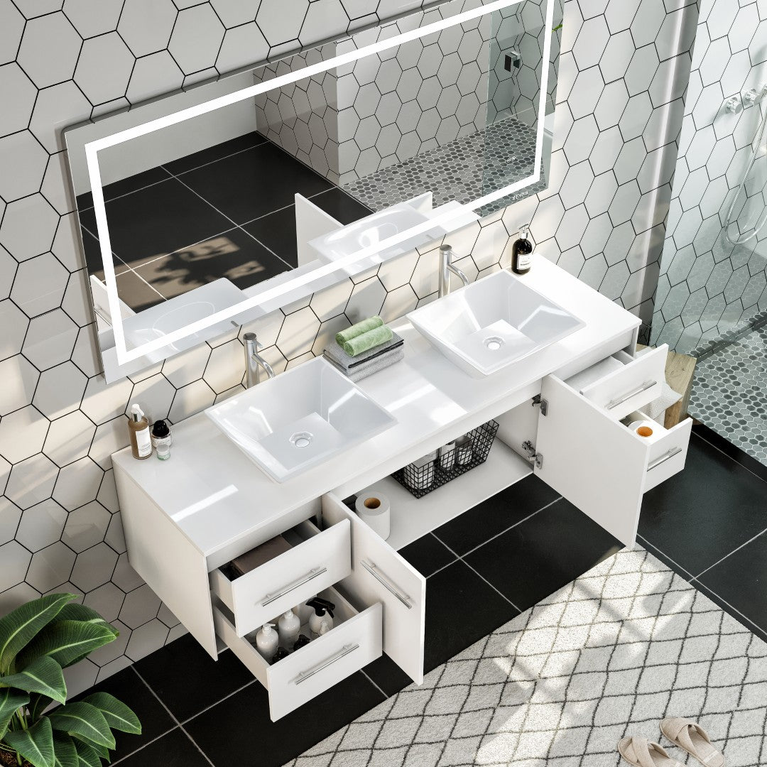 Wave 60 in. White Wall Mount Double Sink  Bath Vanity with White Quartz Top and Vessel Porcelain Sinks