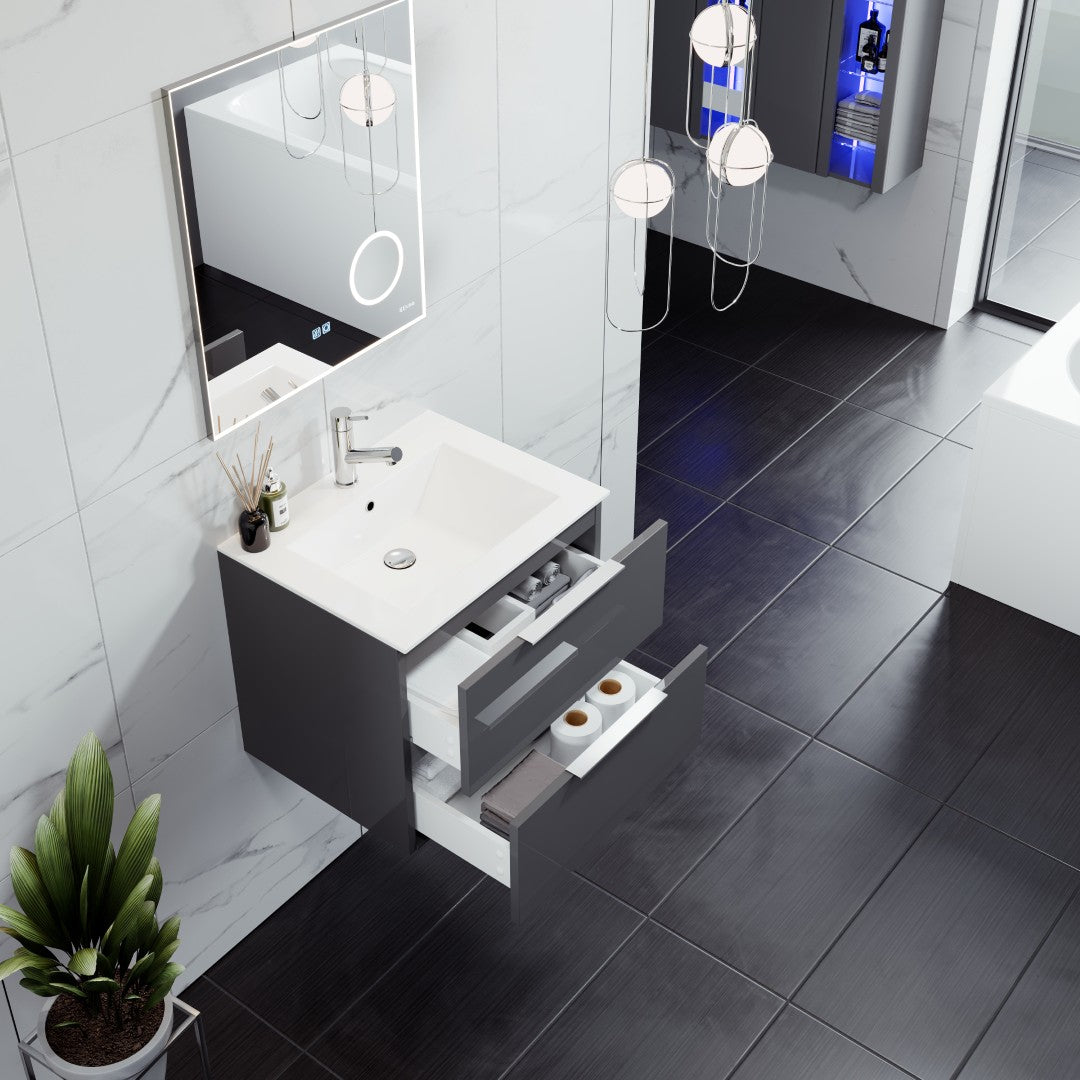 Galsaky 24 in. Gray Wall Mount Single Sink Bath Vanity with Porcelain Top and Integrated Sink