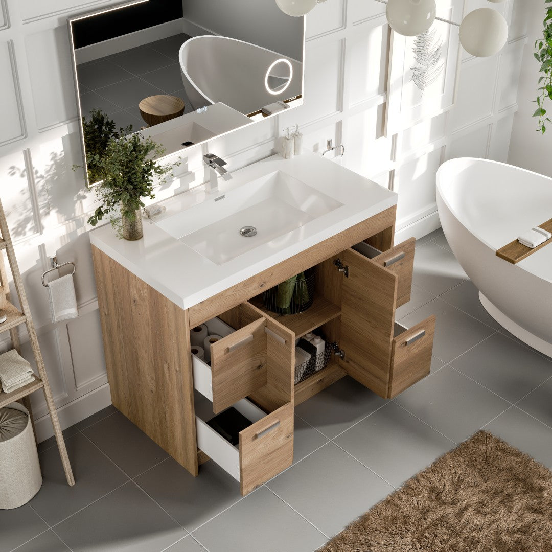 Lugano 42 in. Natural Oak Single Sink Bath Vanity with Acrylic Top and Integrated Sink