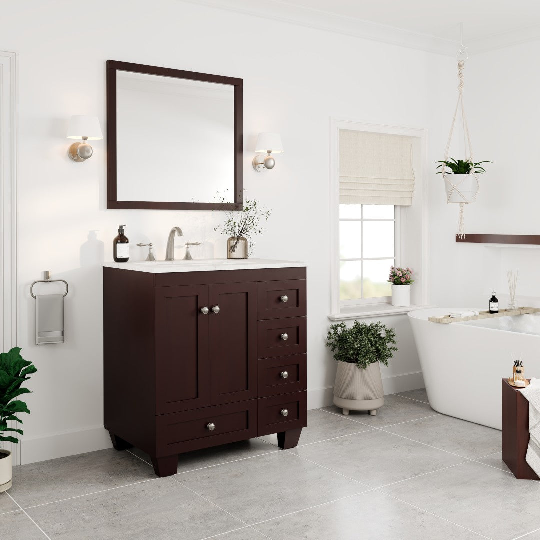 Acclaim 30 in. Teak Single Sink Bath Vanity with Carrara Quartz Top and Undermount Porcelain Sink