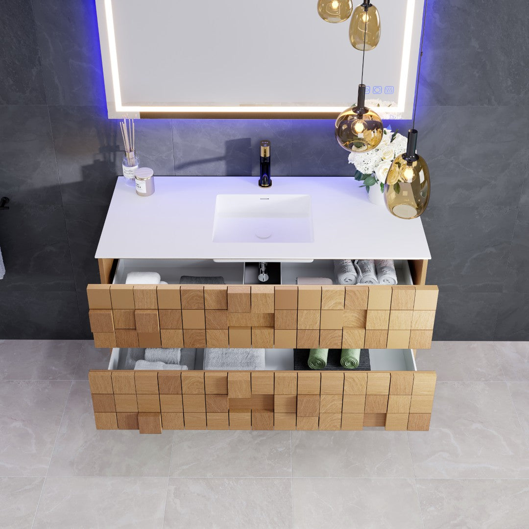 Mosaic 49 in. Natural Oak Wall Mount Single Sink Bath Vanity with Solid Surface Top and Integrated Sink