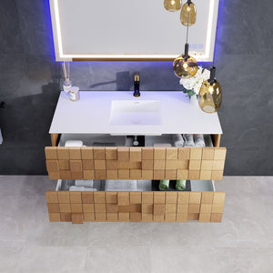 Mosaic 49 in. Natural Oak Wall Mount Single Sink Bath Vanity with Solid Surface Top and Integrated Sink