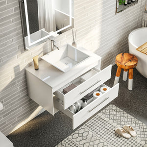Wave 30 in. White Wall Mount Single Sink Bath Vanity with White Quartz Top and Vessel Porcelain Sink